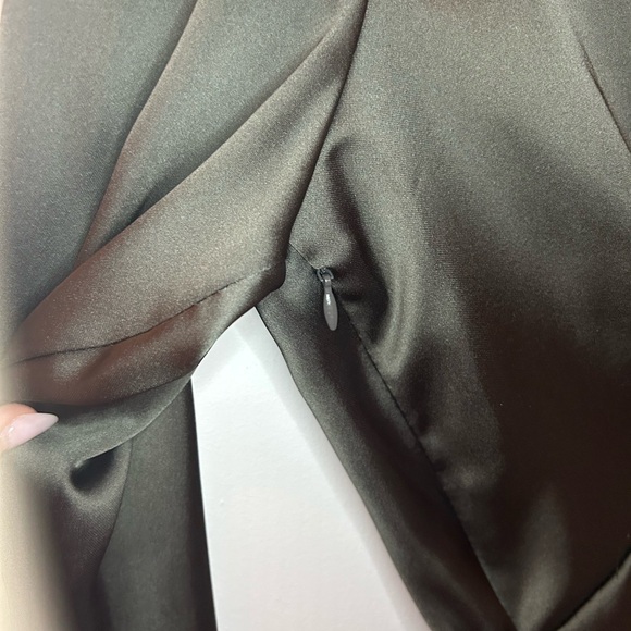 Zara Olive Satin Faux Wrap Long Sleeve Mini Dress - Picture 11 of 14